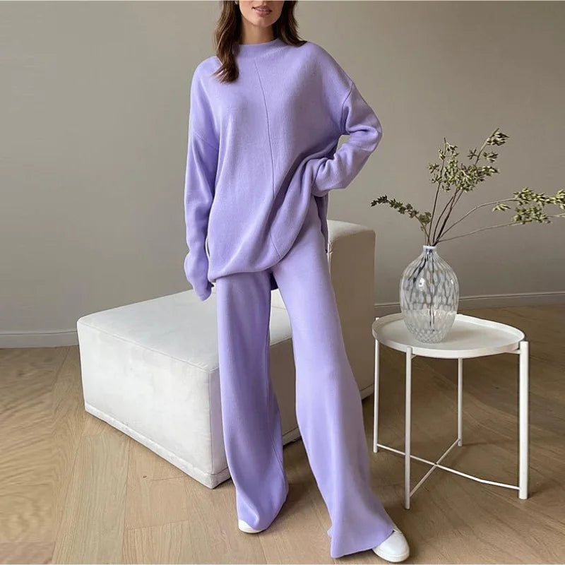 Knitted 2 piece turtleneck sweater wide leg pants sleepwear set women loungewear indoors cozy outfit