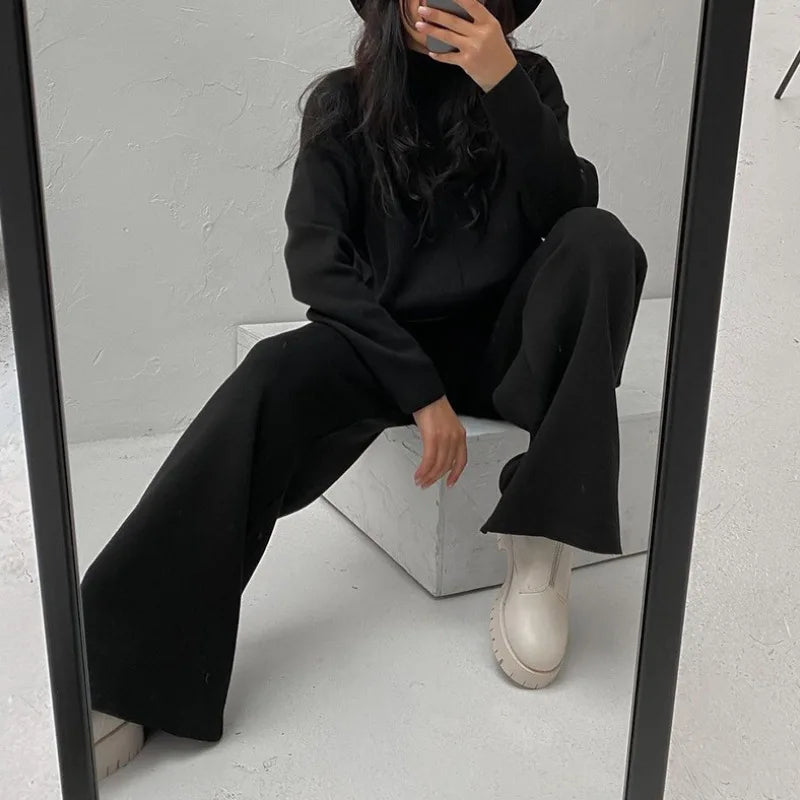 Knitted 2 piece turtleneck sweater wide leg pants sleepwear set women loungewear indoors cozy outfit