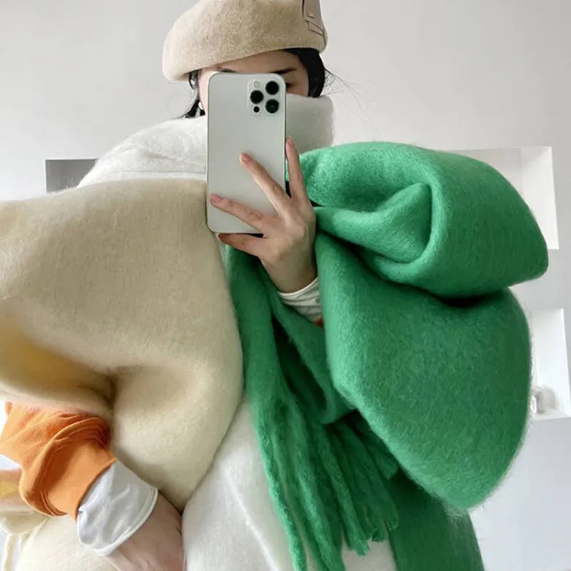 Écharpe pashmina longue à pampilles de couleur unie, châle épais et chaud pour femmes