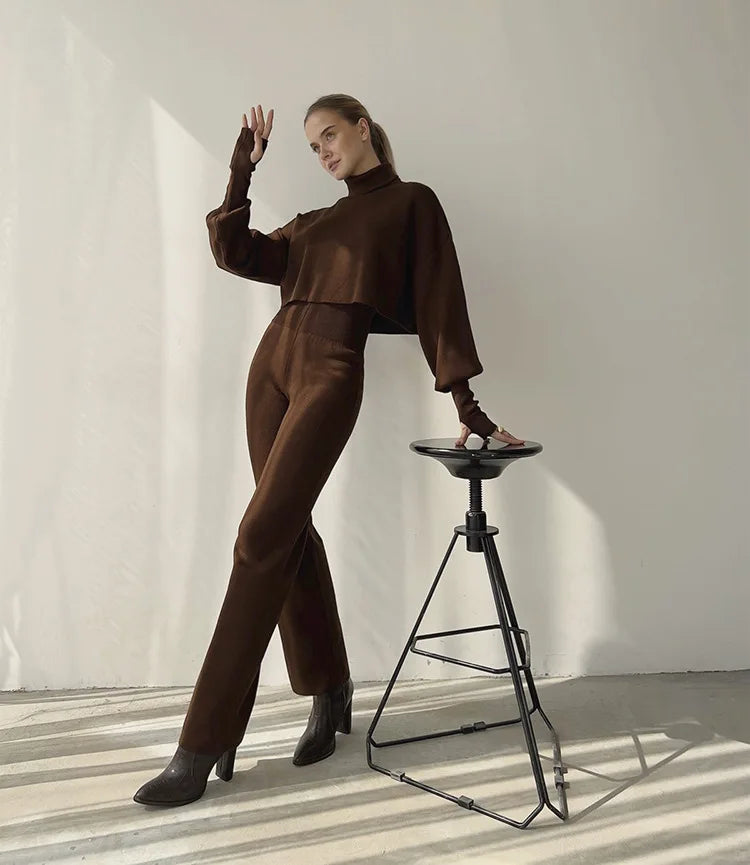 Women's comfortable knitted set with long sleeve top and wide leg pants for a fashionable casual look