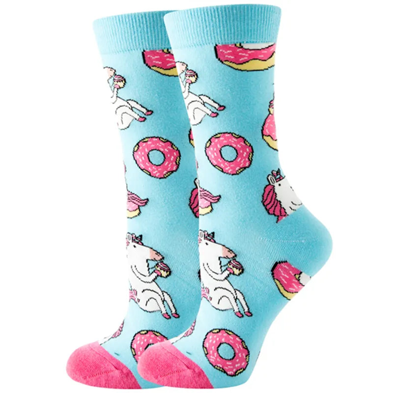Women's or girl's middle tube cotton socks with animal and plant patterns, a colorful collection