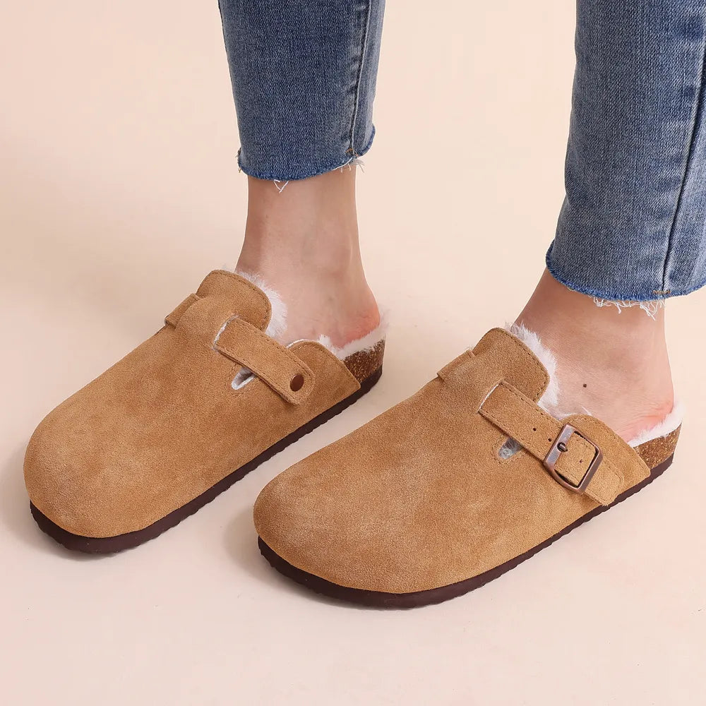 Winter com warm fur clogs for women luxurious cork mules and fuzzy slippers with short plush, perfect indoor-outdoor warmth and style