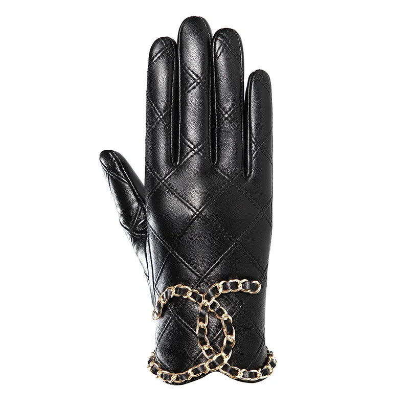 Womens Genuine Sheepskin Leather Gloves, Punk Cycling Outdoor Touch Screen Full Finger Gloves