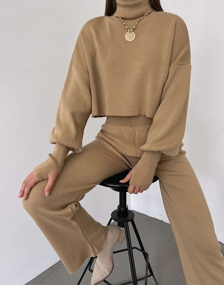 Women's comfortable knitted set with long sleeve top and wide leg pants for a fashionable casual look