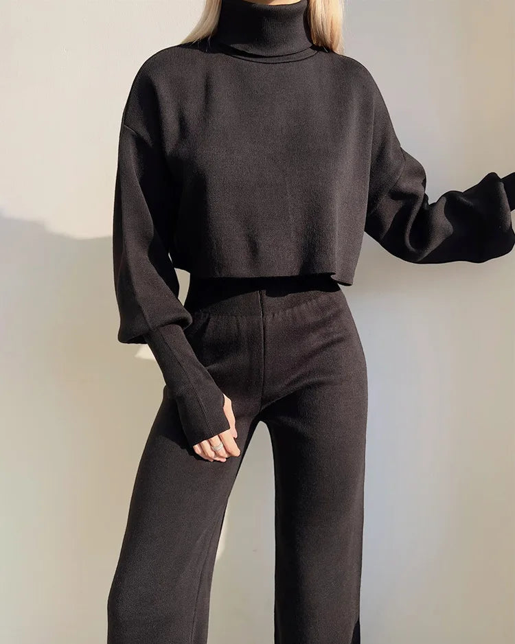 Women's comfortable knitted set with long sleeve top and wide leg pants for a fashionable casual look