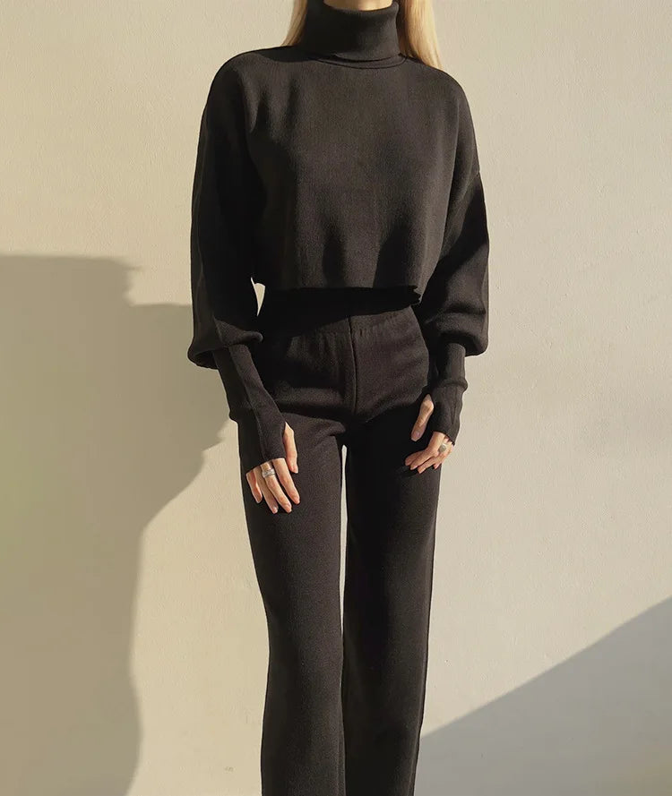 Women's comfortable knitted set with long sleeve top and wide leg pants for a fashionable casual look