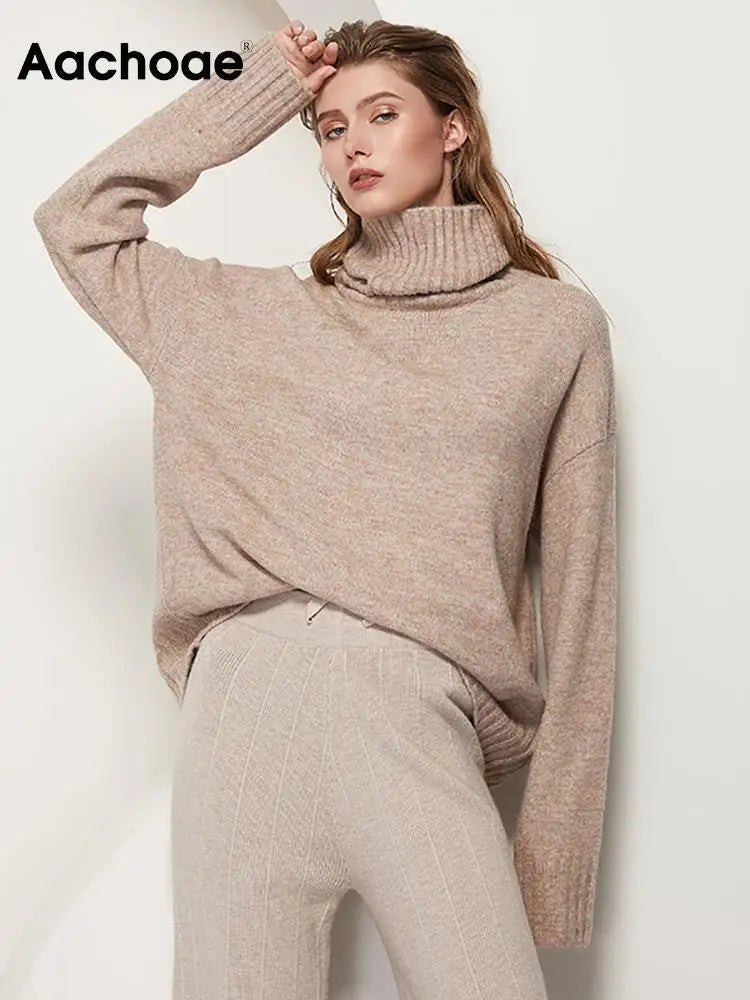Sophisticated solid knitted two-piece set with turtleneck batwing sweater and casual wide leg pants loungewear set