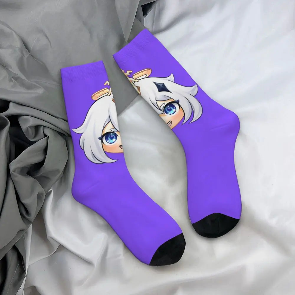 Chibi paimon Genshin anime impact unisex happy Socks from cotton blend for A Year-Round Delight for Fans