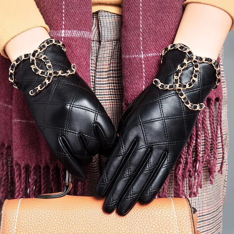 Womens Genuine Sheepskin Leather Gloves, Punk Cycling Outdoor Touch Screen Full Finger Gloves