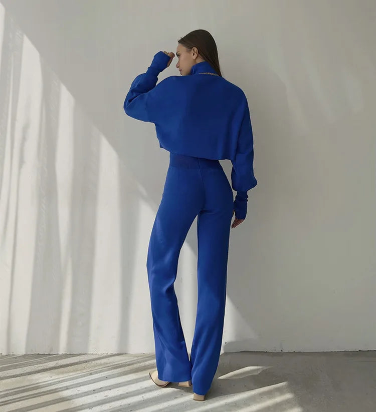 Women's comfortable knitted set with long sleeve top and wide leg pants for a fashionable casual look