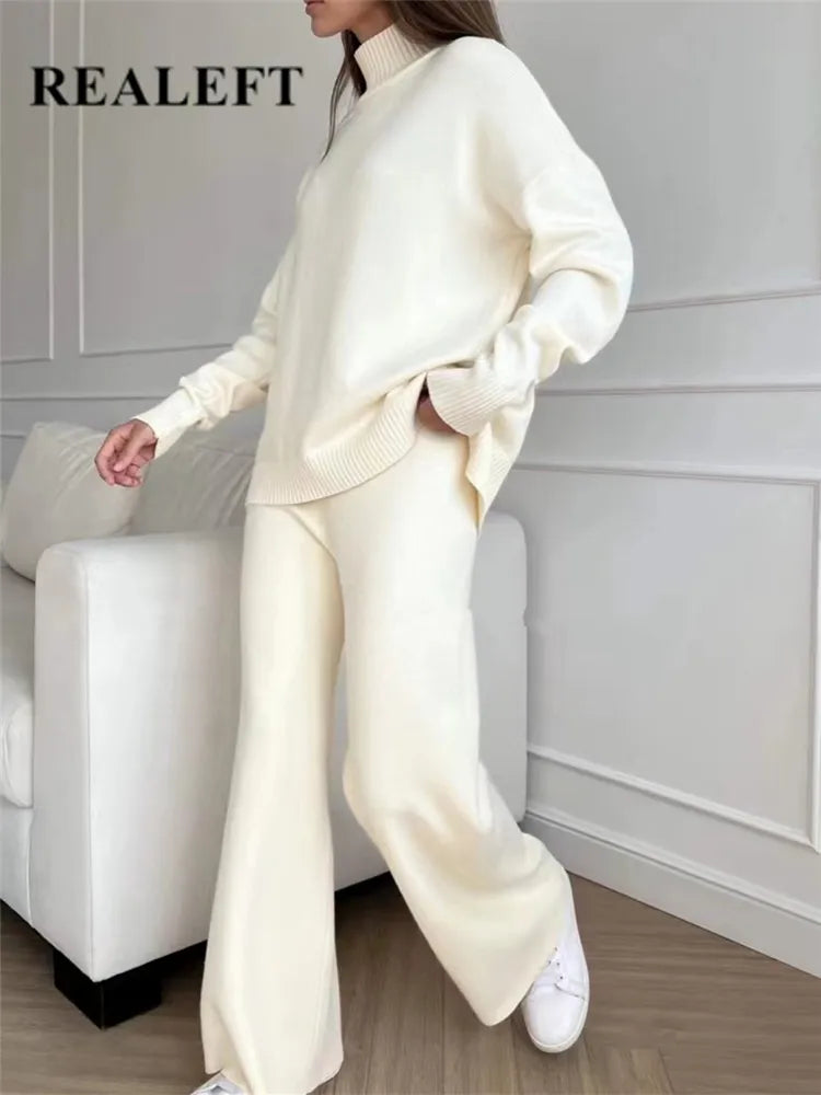 Winter women's warm cozy knitted loungewear indoors tracksuit turtleneck sweater and straight jogging pants set casual two-piece set