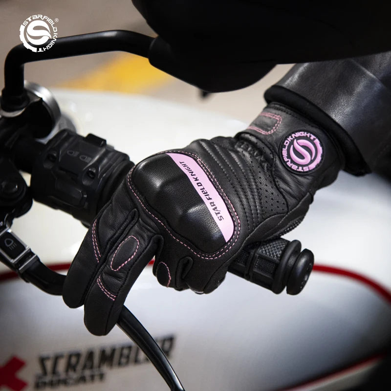 Gants de moto pour femmes en cuir de chèvre véritable, élégance pour écran tactile avec protection des articulations, style rétro d'été