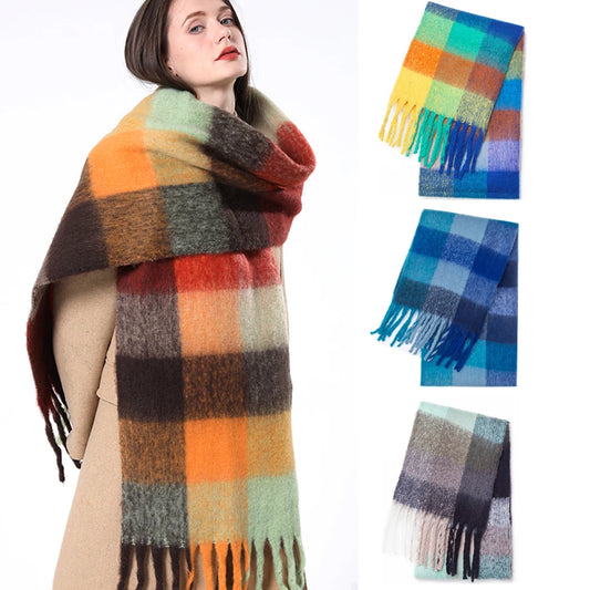 New luxury cashmere plaid scarf for women cozy winter shawl and wrap with long tassels