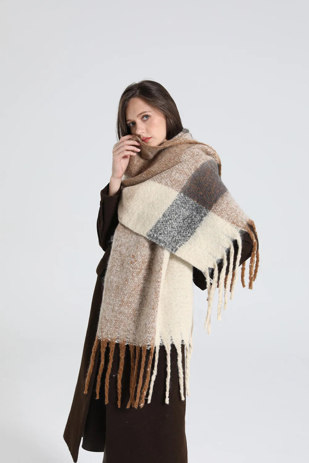 New luxury cashmere plaid scarf for women cozy winter shawl and wrap with long tassels