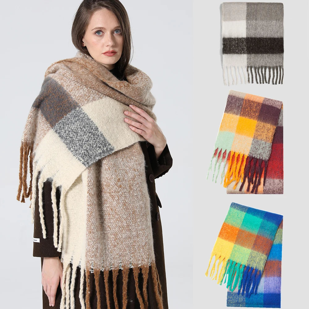 New luxury cashmere plaid scarf for women cozy winter shawl and wrap with long tassels