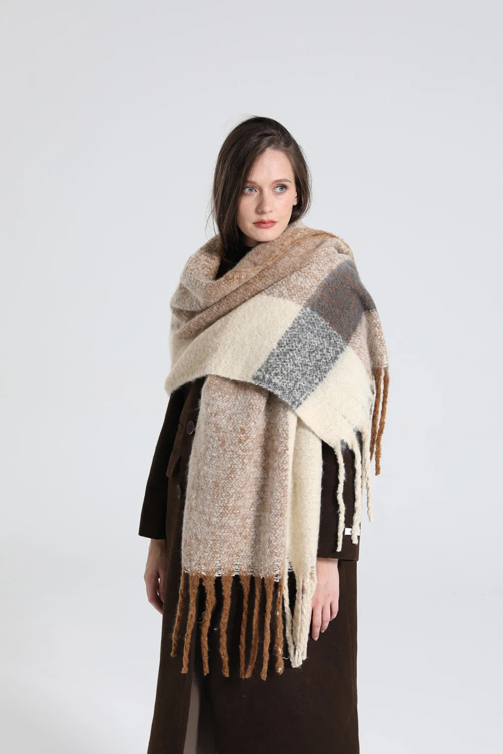 New luxury cashmere plaid scarf for women cozy winter shawl and wrap with long tassels