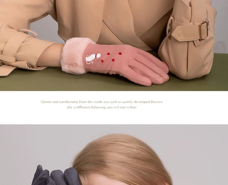 Gants d'hiver en daim pour écran tactile, chat élégant, avec intérieur en velours doux et confortable, gants brodés épais pour chats féminins