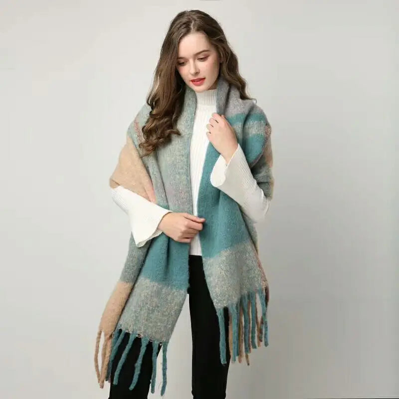 New luxury cashmere plaid scarf for women cozy winter shawl and wrap with long tassels