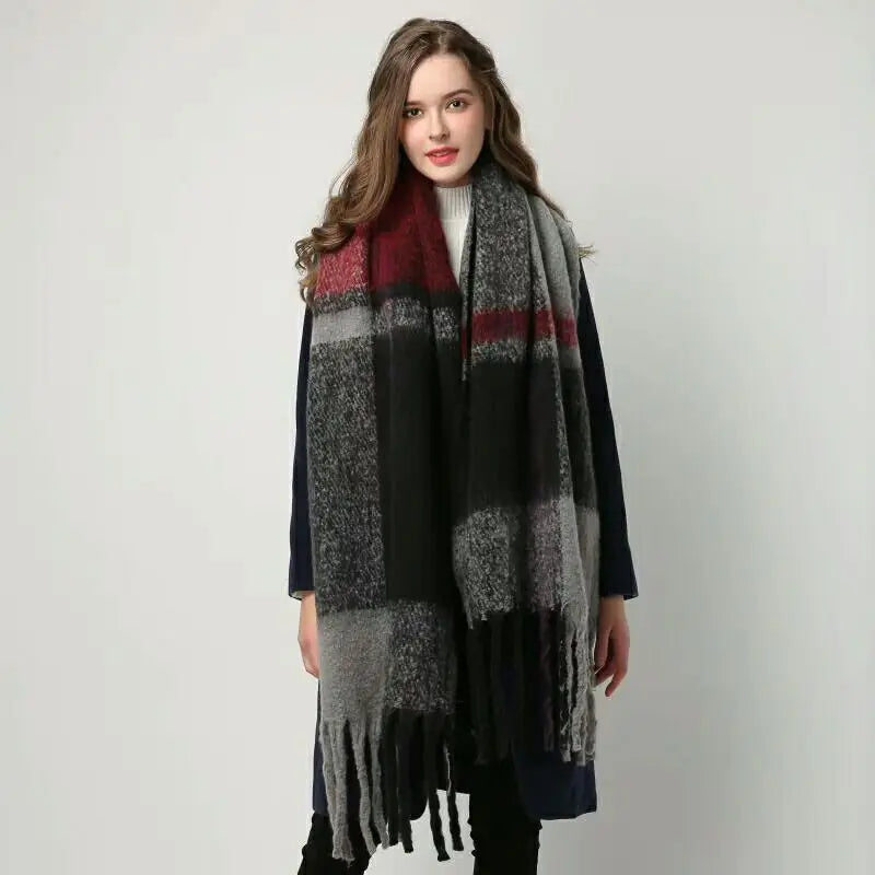 New luxury cashmere plaid scarf for women cozy winter shawl and wrap with long tassels