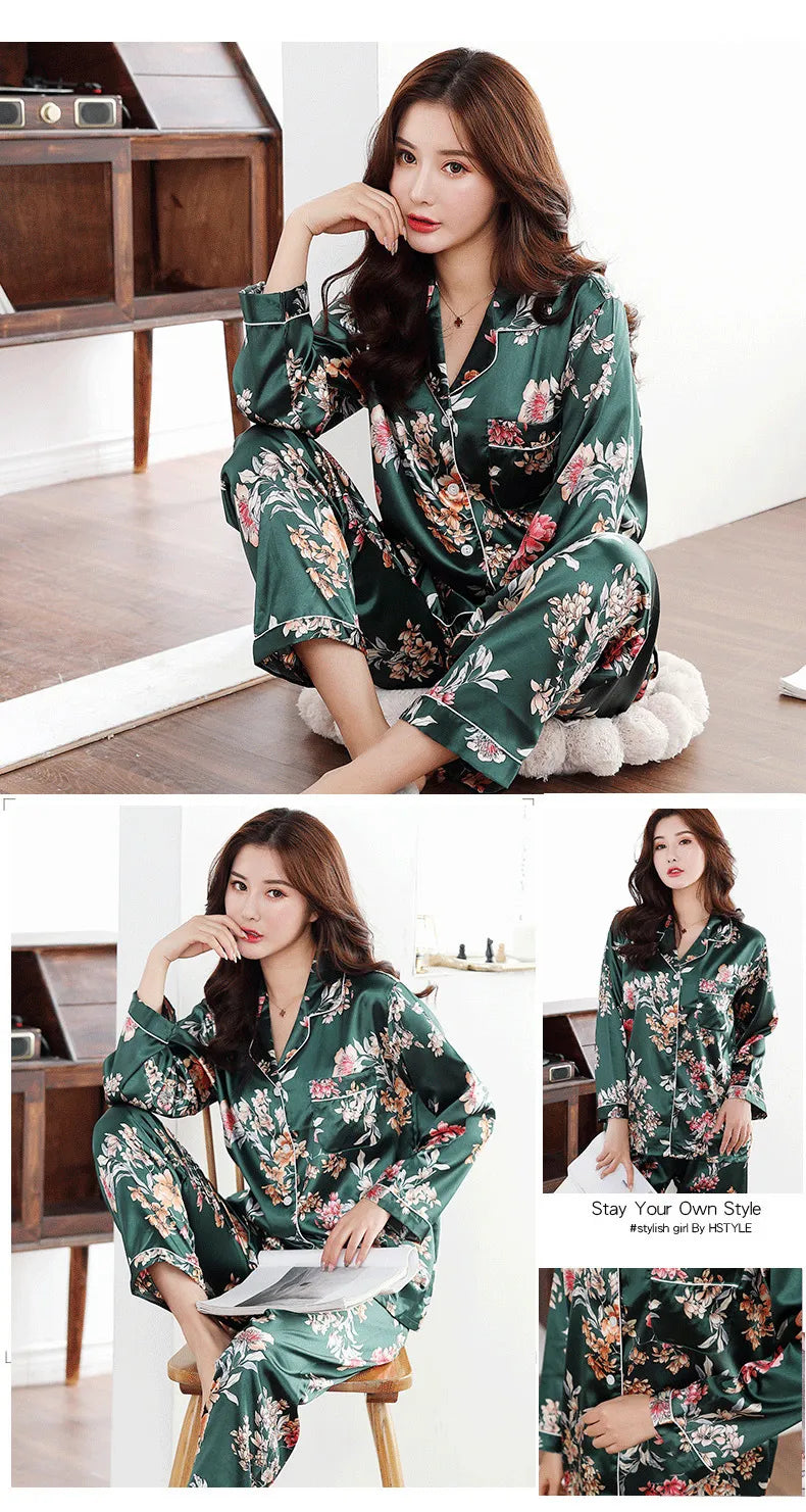 Luxuriöses Pyjama-Set mit Satin-Seiden-Feeling für Damen, eine geknöpfte Nachtwäsche-Loungewear für Winternächte