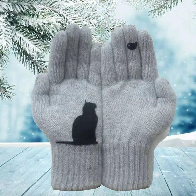 Winter warmth with  cat and bird printed thermal knitted cashmere feel gloves - energize your cold days with cozy comfort women or teens girls  gloves