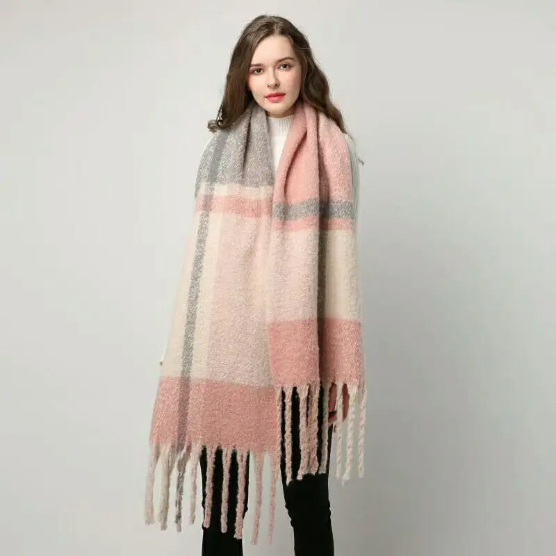 New luxury cashmere plaid scarf for women cozy winter shawl and wrap with long tassels