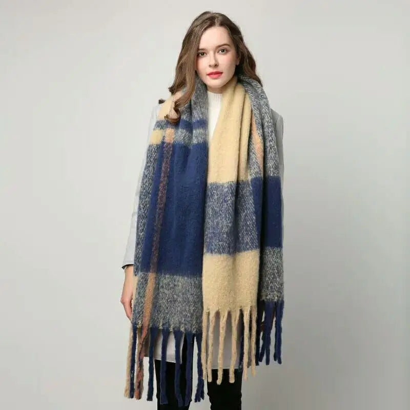 New luxury cashmere plaid scarf for women cozy winter shawl and wrap with long tassels