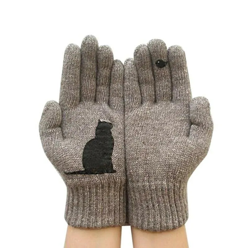 Winter warmth with  cat and bird printed thermal knitted cashmere feel gloves - energize your cold days with cozy comfort women or teens girls  gloves