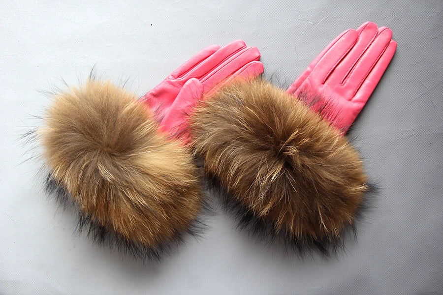 Luxurious genuine leather real raccoon fur women's gloves, big raccoon fur, and sheepskin, ensuring velvet warmth and touch for the winter season for snow cold weather .