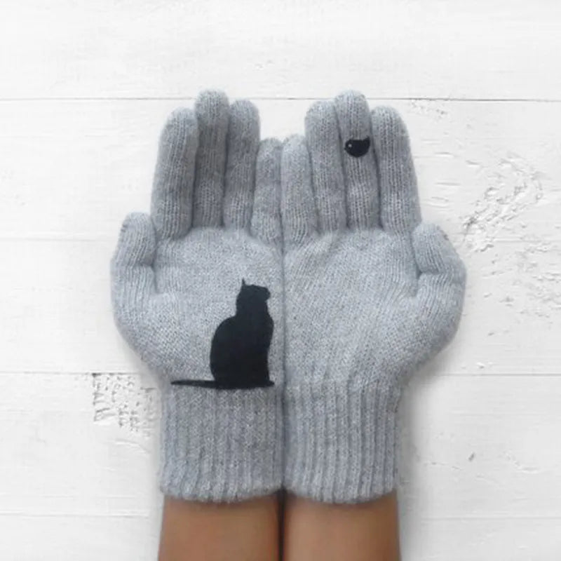 Winter warmth with  cat and bird printed thermal knitted cashmere feel gloves - energize your cold days with cozy comfort women or teens girls  gloves