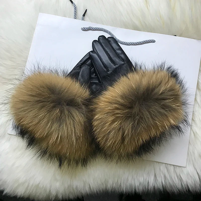 Luxurious genuine leather real raccoon fur women's gloves, big raccoon fur, and sheepskin, ensuring velvet warmth and touch for the winter season for snow cold weather .