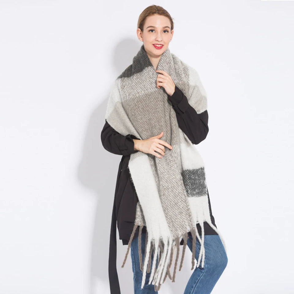 New luxury cashmere plaid scarf for women cozy winter shawl and wrap with long tassels