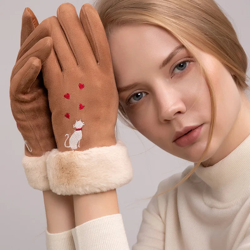 Gants d'hiver en daim pour écran tactile, chat élégant, avec intérieur en velours doux et confortable, gants brodés épais pour chats féminins