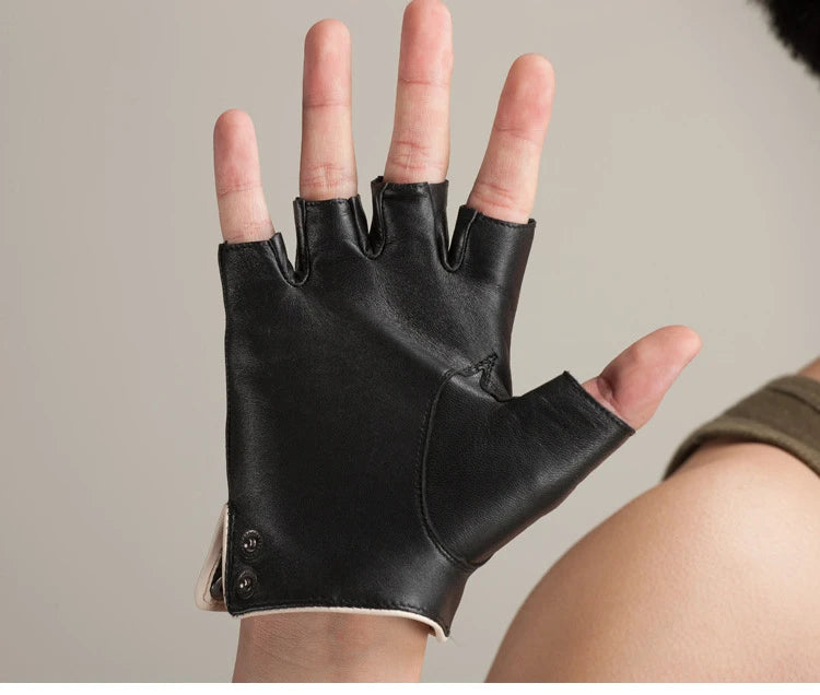 chic d'été avec ces gants demi-doigts en cuir véritable pour femme - poignet boutonné, mitaines en peau de chèvre