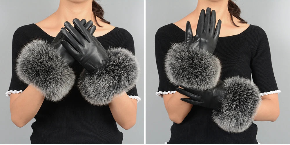 Fashionable Genuine Leather Gloves  Real Sheepskin with Eco-Friendly Faux Fur for Women