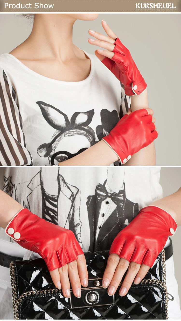 chic d'été avec ces gants demi-doigts en cuir véritable pour femme - poignet boutonné, mitaines en peau de chèvre