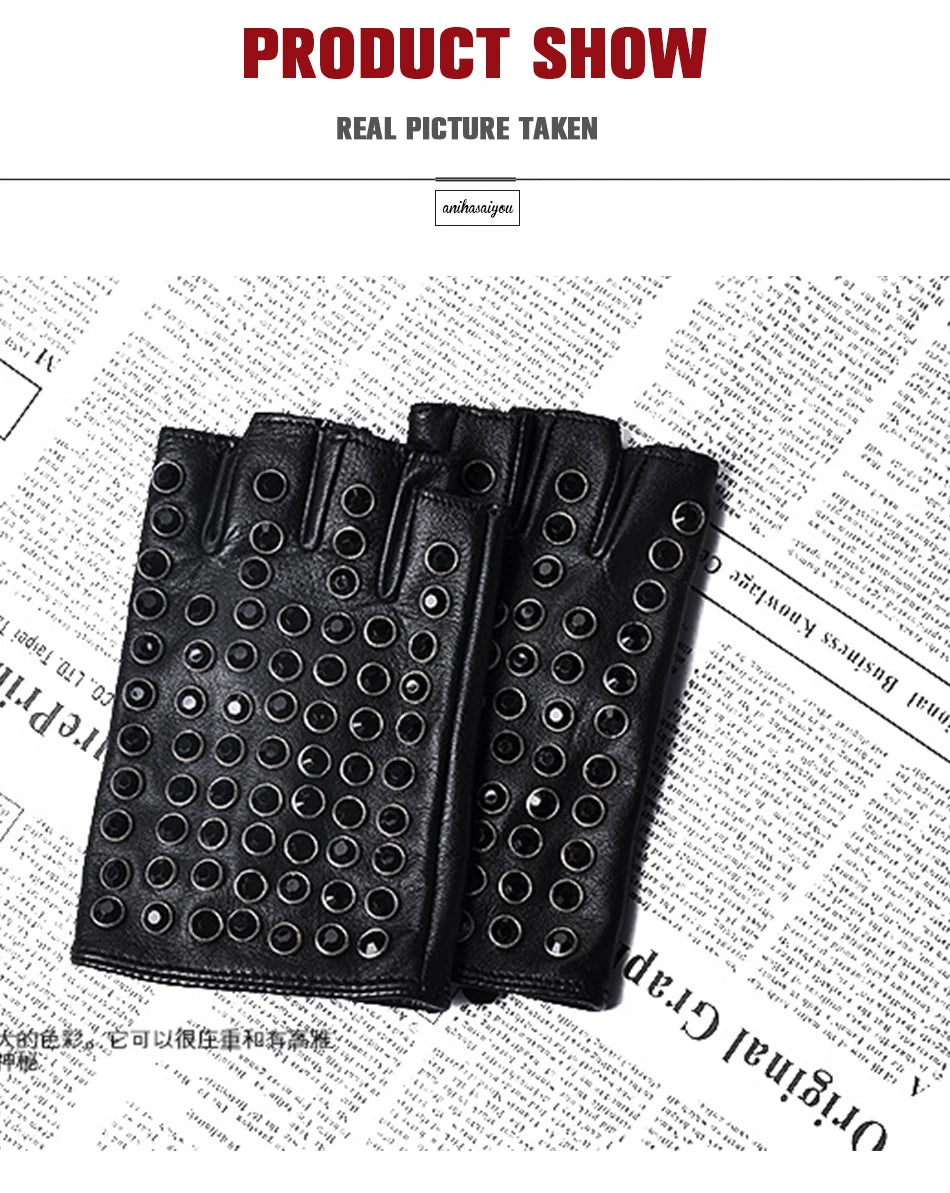 Women leather gloves for fashion fingerless studded punk style performance gloves