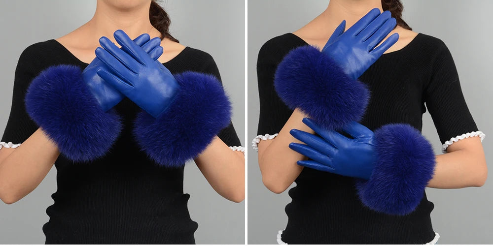 Fashionable Genuine Leather Gloves  Real Sheepskin with Eco-Friendly Faux Fur for Women