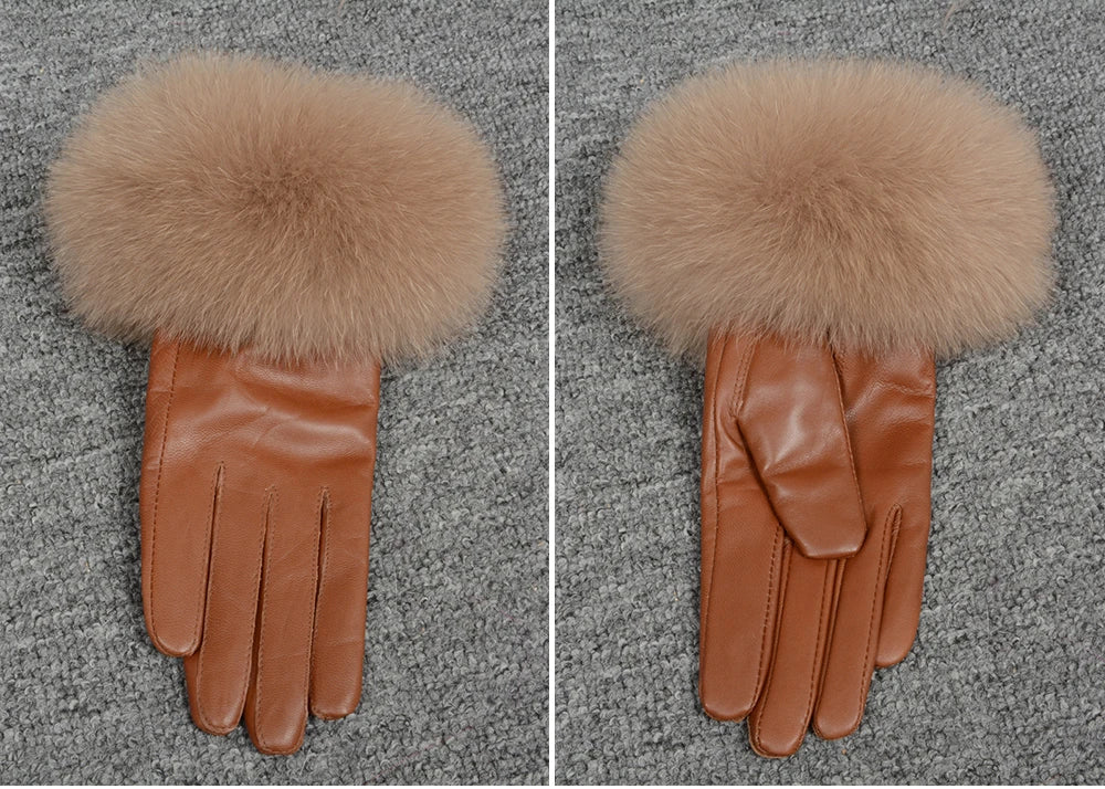 Fashionable Genuine Leather Gloves  Real Sheepskin with Eco-Friendly Faux Fur for Women