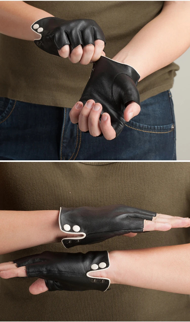 Sommer-Chic mit diesen Damen-Halbfingerhandschuhen aus echtem Leder – Knopf am Handgelenk, Fäustlinge aus Ziegenleder