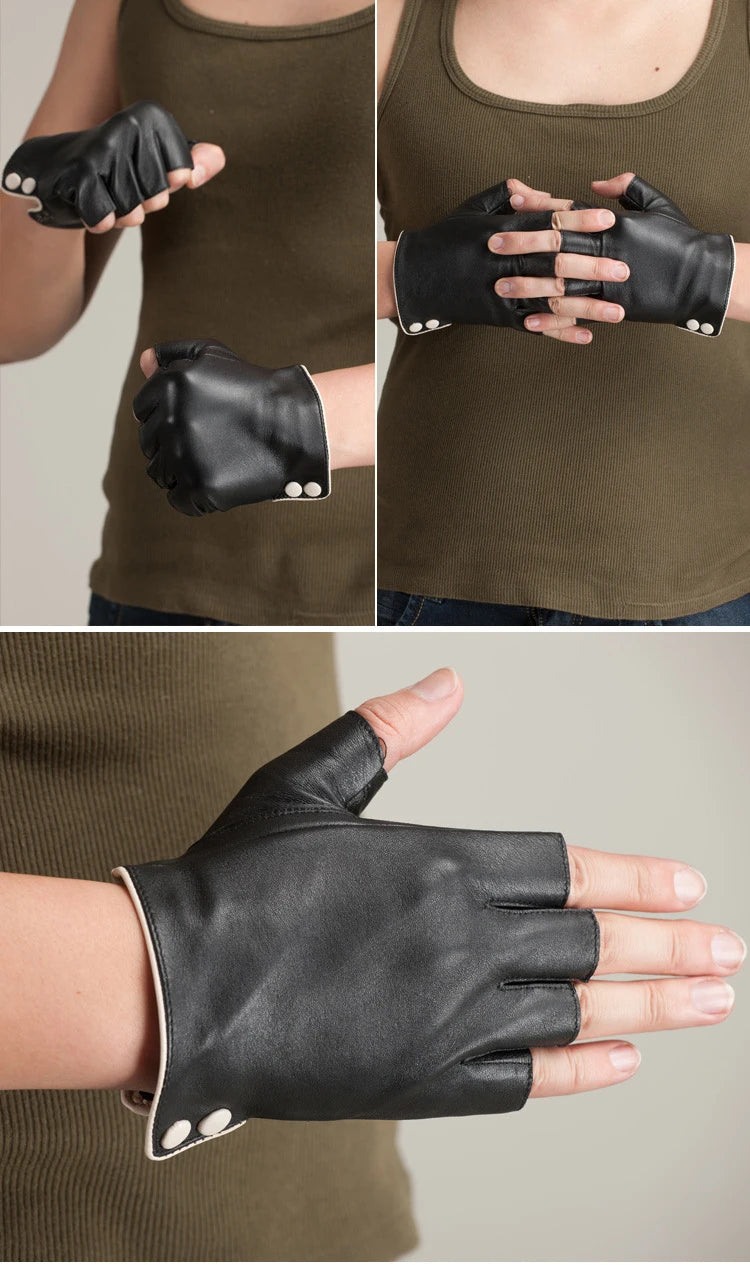 Sommer-Chic mit diesen Damen-Halbfingerhandschuhen aus echtem Leder – Knopf am Handgelenk, Fäustlinge aus Ziegenleder