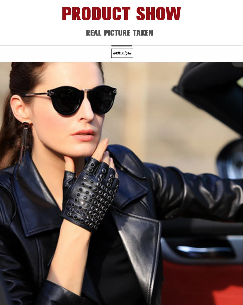 Women leather gloves for fashion fingerless studded punk style performance gloves