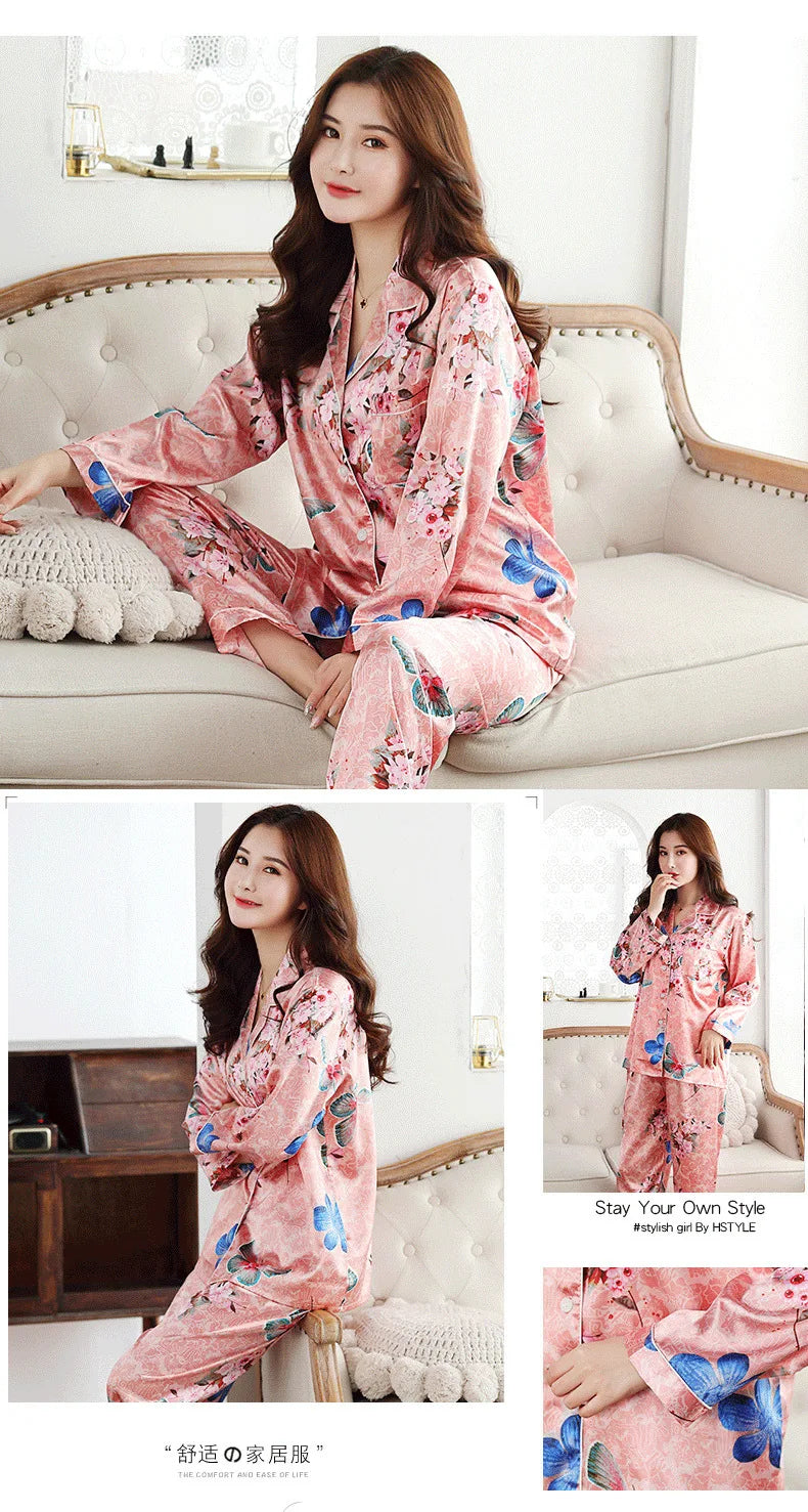 Ensemble de pyjama luxueux en satin de soie pour femme, vêtement de nuit boutonné pour les nuits d'hiver.