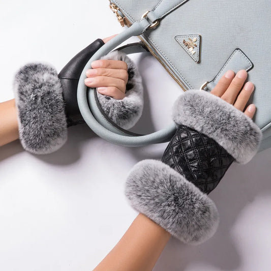 élégance hivernale chic : gants de conduite sans doigts en cuir véritable pour femme en fourrure de lapin rex - mitaines en peau de mouton à carreaux