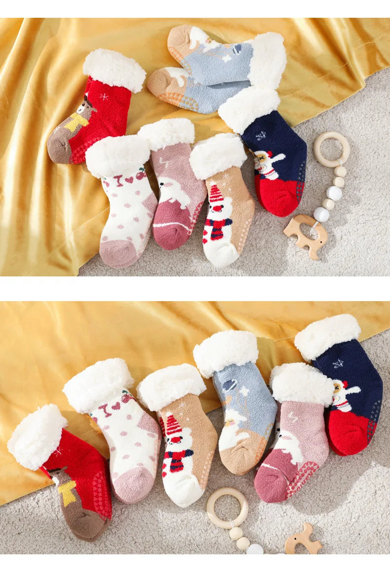 Baby winter cartoon Christmas socks  thick cotton, warm and non-slip thermal socks for kids aged 0-4 years old