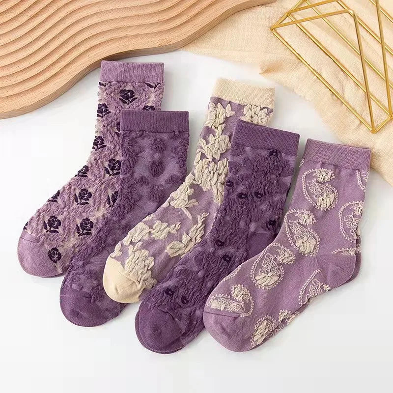 5 Pairs of Retro Embroidery Woman and girls Socks