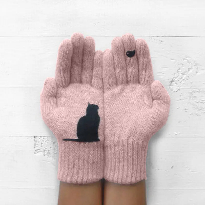 Winter warmth with  cat and bird printed thermal knitted cashmere feel gloves - energize your cold days with cozy comfort women or teens girls  gloves