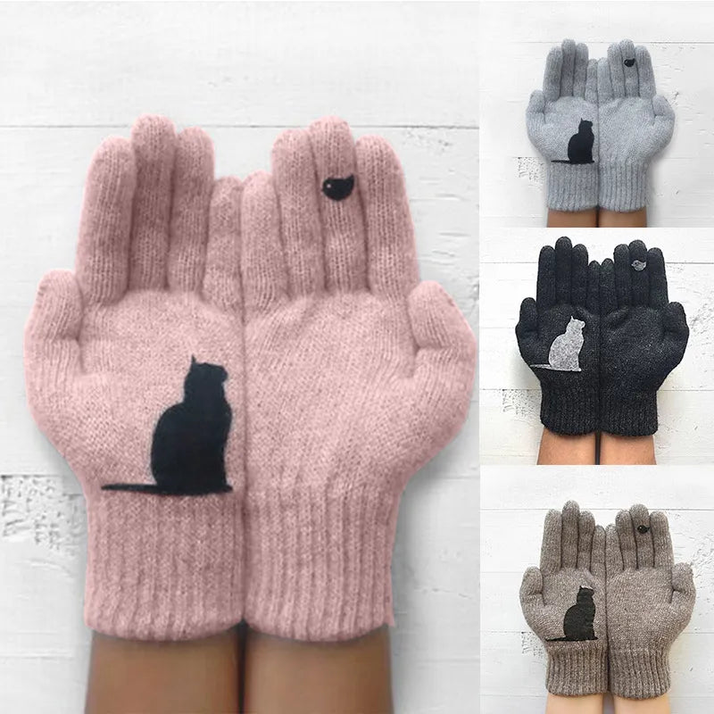 Winter warmth with  cat and bird printed thermal knitted cashmere feel gloves - energize your cold days with cozy comfort women or teens girls  gloves