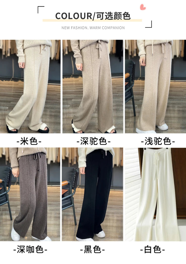 Wool knitted wide leg pants for women with a draping feel, straight tube casual woolen pants for indoors or outdoors warm