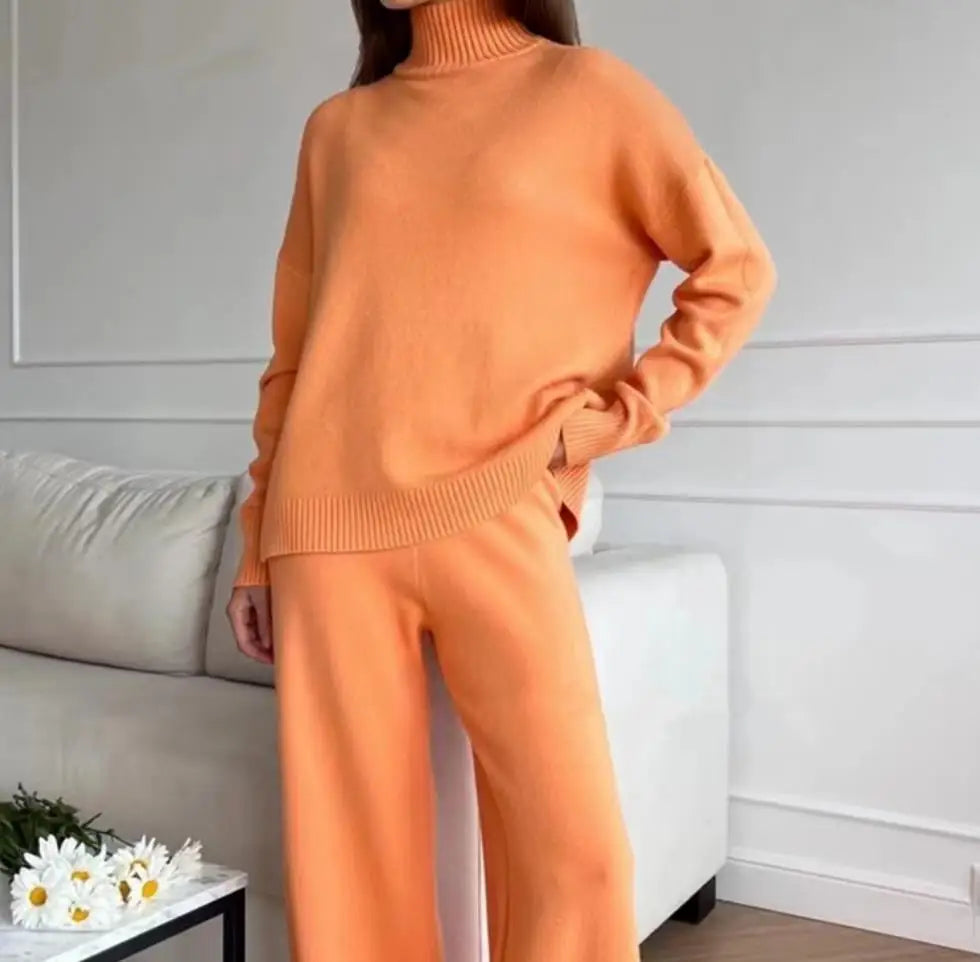 Gemütlicher gestrickter Winter-Pyjama-Trainingsanzug-Set, Rollkragen-Nachtwäsche, Loungewear für Damen